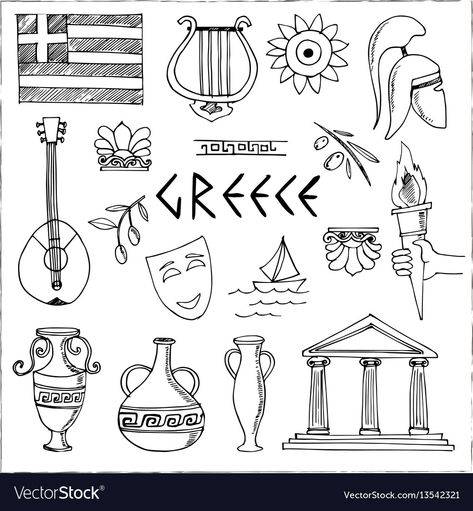 Hand drawn greece travel collection of icons Vector Image Greek Cartoon Illustrations, Simple Greek Drawing, Greek Drawings Easy, Greece Aesthetics Drawings, Greece Easy Drawing, Athens Greece Tattoo Ideas, Athens Greece Drawing, Santorini Greece Tattoo Ideas, Greece Drawing Simple