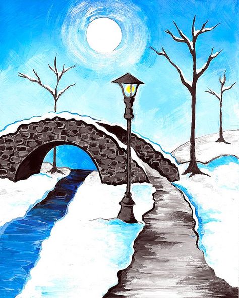 Snowy Walk Canvas. Beginner painting idea with tree silhouettes and stone bridge. Snowy Bridge, Muse Paintbar, Step By Step Acrylic Painting, Bridge Painting, Wine And Canvas, Foggy Forest, Wine Food, Paint Night, Painting Classes