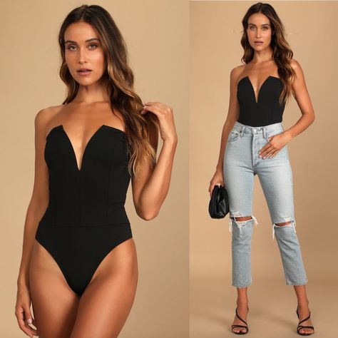 There Is Nothing A Black Bodysuit Can’t Fix. The Babe Alert Black Notched Strapless Bodysuit Is No Joke And Perfect For Your Outfit Rotation. This Stretchy Ponte Knit Fabric Is Super Flattering. The Bodysuit Has A Notched Strapless Neckline, Supportive V Bar And A Princess Seamed Bodice. The Suit Has A Cheeky Bottom Portion And Has Snap Closures. You Can Rock This With A Mini Skirt Or Some Jeans For A Perfect Date Night Look. - The Wholesale Brand Is Blue Blush But It Is Sold By Lulu’s Size S: 2 Black Strapless Bodysuit Outfit, Fitted Strapless Bodysuit For Night Out, Stretch Bodysuit With Built-in Bra For Date Night, Bodysuit Shapewear, Cute Body Suit Outfits, Solid Strapless Bodysuit For Night Out, Sweetheart Neckline Bodysuit, Black Body Suit Outfit Jeans, Body Suit Outfits Night Out