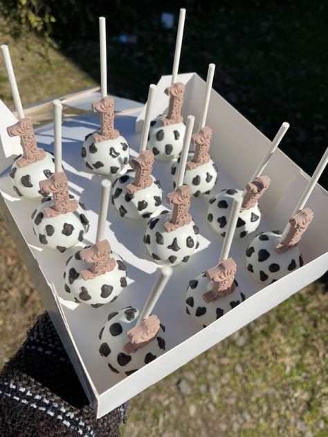 Cow Themed Birthday Party Desserts, Rodeo Cakesicles, Cowprint Cake Pops, Cow Cake Pops Diy, First Rodeo Cake Pops, First Rodeo Treats, Cow Theme Treats, Cow Cakepops, Cow Print Treats