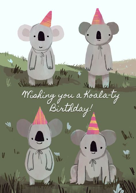 This festive birthday card features four adorable koalas wearing colorful party hats. The digital illustration is brought to life with painterly brush strokes, giving the koalas a soft, cut-out style. Every detail delivers birthday wishes with warmth, humor, and heart. Koala Party, Soft Cut, Engagement Congratulations, November Birthday, Alcohol Gifts, Congratulations Gift, 90th Birthday, Experience Gifts, Birthday Greeting