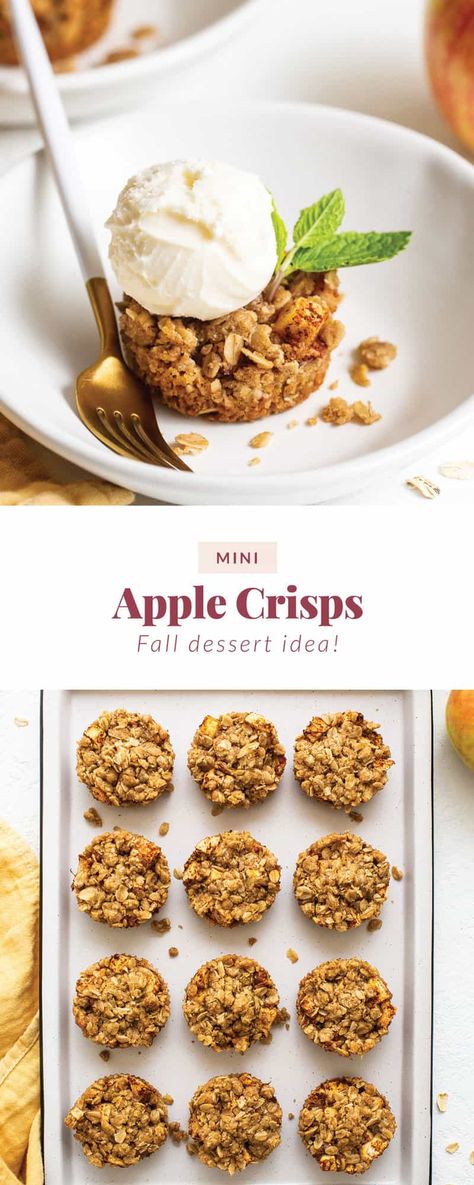 These mini apple crisps are a single-serve twist on classic apple crisps made in a muffin tin! Apple Crisp Muffin Bites, Pie, Apple Crisp Muffin Tin, Apple Crisp In Cupcake Pan, Muffin Pan Apple Pie Desserts, Mini Apple Crisps In Muffin Tin, Apple Crisp In Muffin Tins, Apple Crumble Cups, Mini Apple Dessert Recipes