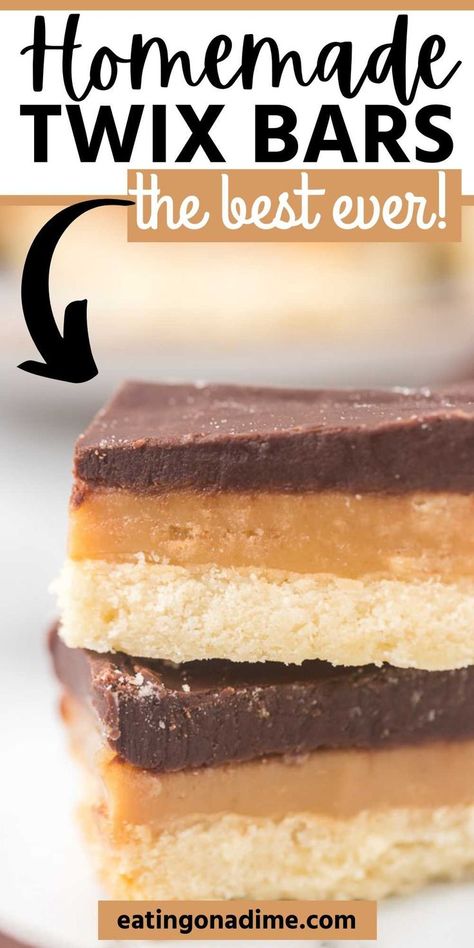 Homemade Twix Bars are easy to make are full of amazing caramel and chocolate – just like a Twix Bar . Everyone will love them! These shortbread Twix Bars have 3 delicious layers! #eatingonadime #twixbars #barrecipes #chocolate #caramel Homemade Twix Bars Recipe, Homemade Twix Bars, Homemade Candy Bars, Twix Bars, Twix Bar, Caramel Filling, Sweet Milk, Twix Cookies, Gooey Caramel