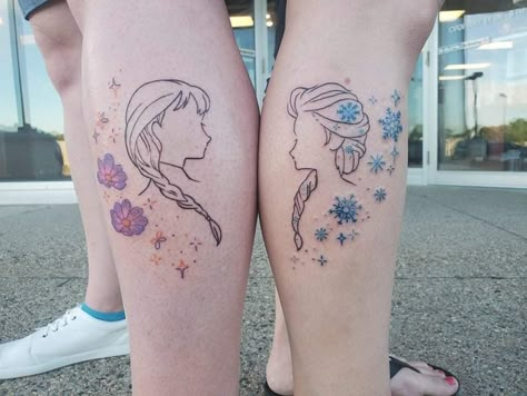 Frozen Sister Tattoos, Elsa And Anna Tattoo, Disney Frozen Tattoo Ideas, Sister Tattoos Disney, Disney Matching Tattoos, Elsa Tattoo, Cute Couple Tattoo Ideas, Cute Couple Tattoo, Matching Disney Tattoos