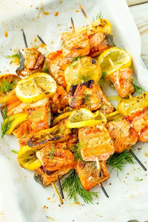 Dish, Food, Cuisine, Brochette, Ingredient, Skewer, Souvlaki, Shashlik, Meat, Shish taouk, Cook Shack, Summer Mediterranean, Caprese Bites, Salmon Skewers, Mediterranean Salmon, Grilled Recipes, Seafood Meals, Cauliflowers, Grilled Seafood Recipes