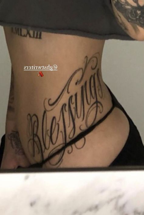 Tattoos For Lower Stomach, Divine Chaos Tattoo, Mamacita Tattoo, Tattoo On Waist For Women, Tattoo Name Placement, Word Hip Tattoos, Guy Back Tattoos, No Trust Tattoo, Tattoo Stomach Woman