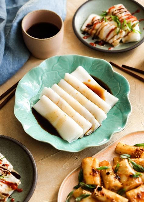 Homemade Cheung Fun (Rice Noodle Rolls) — Eat Cho Food Rice Noodle Rolls, Chee Cheong Fun, Noodle Rolls, Cheung Fun, Cheong Fun, Rice Noodle Roll, Dim Sum Recipes, Food Entrees, Rice Rolls