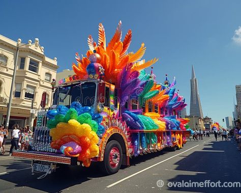 A Pride parade float with vibrant decorations wide shot stock photo Pride Parade Float, Pride Float, Parade Design, Vector People, Parade Float, Pride Parade, Stage Design, Float, Photo Image