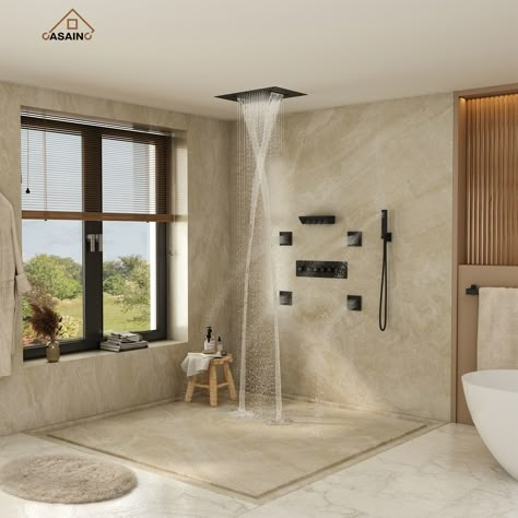 Extra Large Shower Master Bathrooms, Large Shower Ideas, Luxury Showers Master Baths, Large Bathroom Ideas, Double Shower Head Master Baths, Ultra Modern Bathroom, Large Showers, Rain Shower Bathroom, Luxury Master Bath