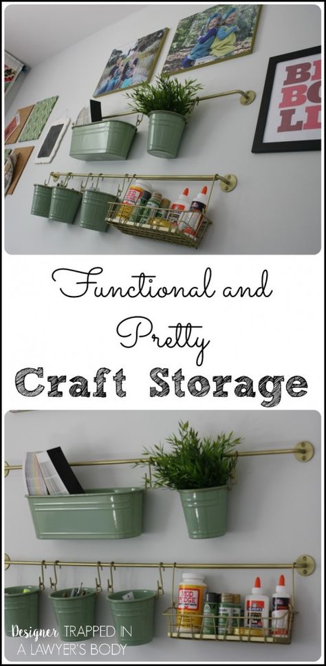 LOVE THIS! Use Ikea's inexpensive kitchen wall storage for high style craft storage! See all the details from Designer Trapped in a Lawyer's Body for All Things Thrifty! Hanging Craft Storage, Hanging Buckets On Wall Art Supplies, Arts And Crafts Wall Storage, Hanging Buckets On Wall Storage Ideas, Diy Office Wall Organization, Art Supplies Wall Storage, Diy Wall Organizer Office, Ikea Wall Organizer, Wall Office Organization