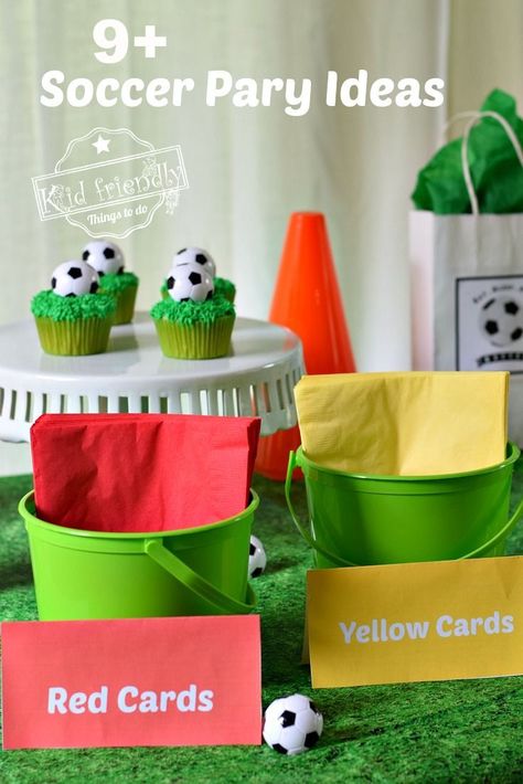 Soccer Birthday Party Snacks, Soccer Birthday Printables Free, Fifa Party Decorations, Football Soccer Party Decorations, Soccer Themed Party Favors, Games For Soccer Party, End Of Season Soccer Party Ideas, Soccer Theme Party Games, Soccer Birthday Food Ideas