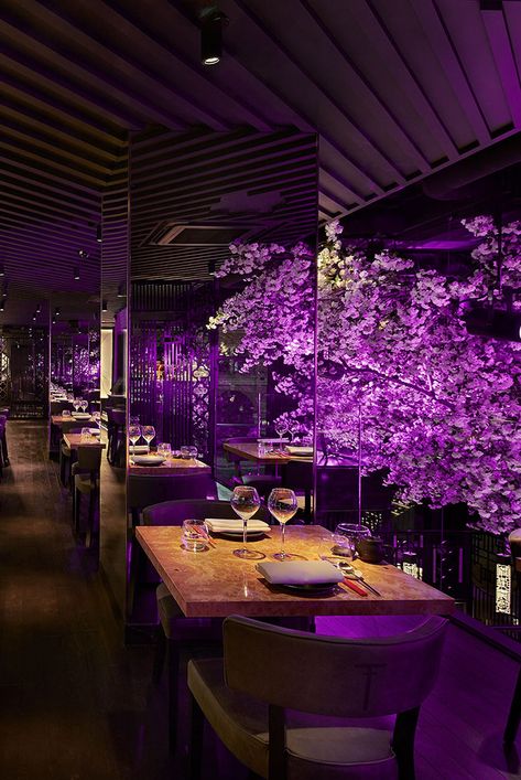 Fancy Restaurant Interior Design, Fancy Restaurant Aesthetic Night, Lounge Restaurant Design, Fancy Restaurant Interior, Contemporary Restaurant Design, Purple Restaurant, Asian Bar, Restaurant Outside, Jeon Family