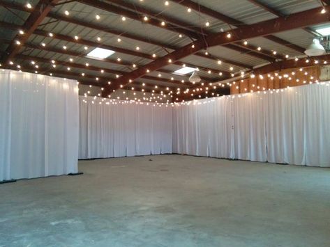 Venue Wall Draping, Draped Walls Wedding, White Drapes Wedding, Pipe And Drape Wedding, Party Garage, Wall Draping, Shop Wedding Reception, Shed Wedding, Wall Drapes