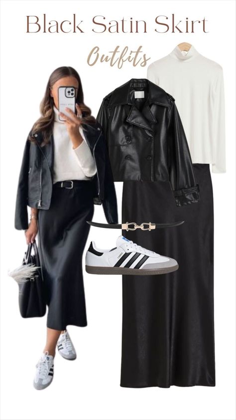 Black Satin Skirt Outfit, Looks Adidas, Black Satin Skirt, Samba Outfit, Chique Outfit, Summer Work, Neue Outfits, Mode Casual, Trendy Fall Outfits