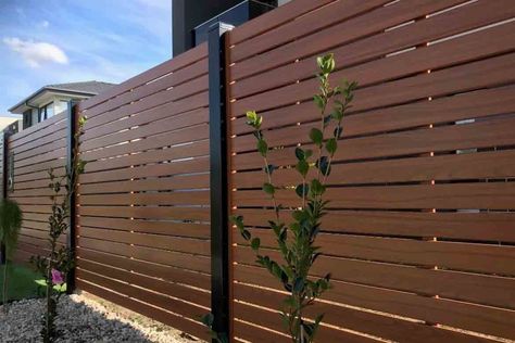 13 Best Timber Fence Ideas & Designs Slat Fence, Slatted Fence Panels, Courtyard Gardens, Modern Fence Design, Fence Designs, Privacy Fence Designs, Timber Slats, Front Fence, Brick Fence