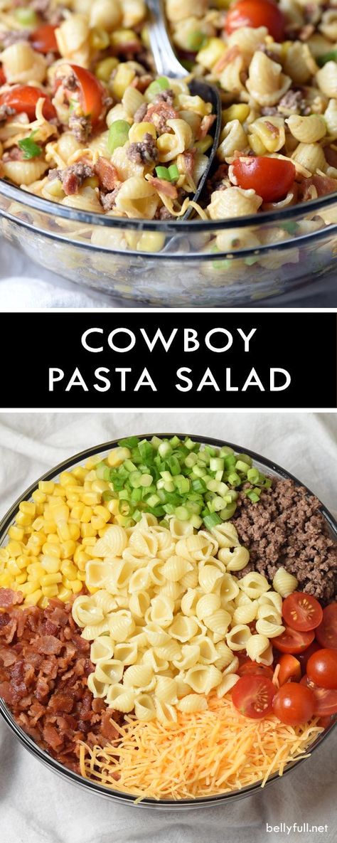 Bacon, ground beef, cheese, and hot sauce make this Cowboy Pasta Salad a definite crowd pleaser! Perfect for summer get togethers. #ad @safeway Cowboy Pasta Salad, Cowboy Pasta, Resep Pasta, Resep Salad, Salad Pasta, Salad Sauce, Idee Pasto Sano, Pasta Salad Recipes, Crowd Pleaser