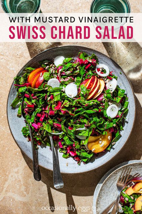 Swiss Chard Salad | occasionallyeggs.com Essen, Swiss Chard Salad, Chard Salad, Spinach Pancakes, Eggs Recipes, Mustard Vinaigrette, Honey Mustard Vinaigrette, Pumpkin Curry, Kale And Spinach