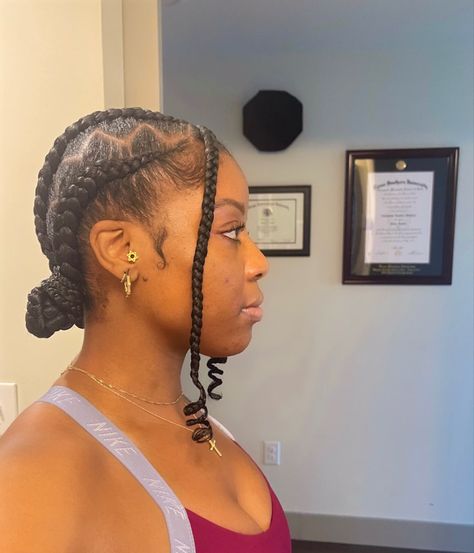 Cornrows With Front Braids, Cornrows With Two Front Braids, Cornrows With Bangs Black Women, Two Braids In Front With Ponytail, Cornrow With Bangs, Four Stitch Braids In Bun, Stitch Braids With Bangs, Feed In Braids With Bangs, Braid Bangs Hairstyles Black Women