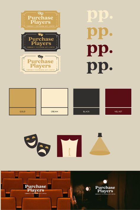 Theater Brochure Design, Broadway Color Palette, Movie Theater Color Palette, Theater Ticket Design, Theatre Company Branding, Theatre Branding Design, Film Branding Design, Theater Program Design, Poster Theater Design