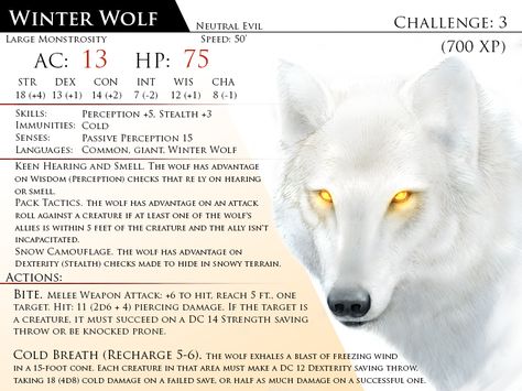 Dnd Animals, Dnd Enemies, Wolf Winter, Dnd Creatures, Dnd Stats, Winter Wolves, Campaign Ideas, D D Items, D D Monsters