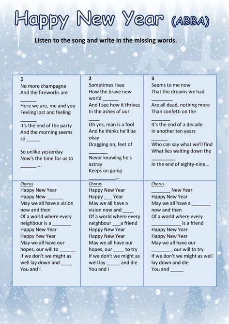 HAPPY NEW YEAR (ABBA) - Interactive worksheet New Year Song Lyrics, Abba Happy New Year, New Years Song, English Exercises, English Grammar Worksheets, Grammar Book, English Language Learners, English As A Second Language (esl), English As A Second Language