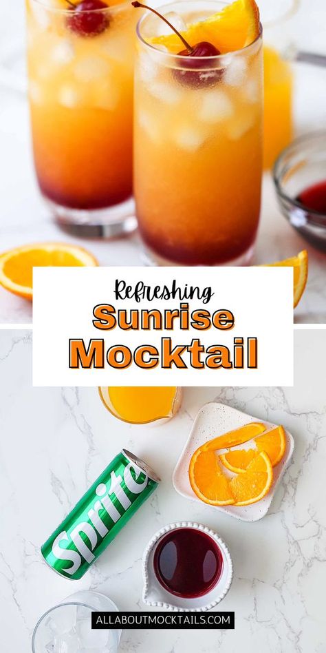 This sunrise mocktail is a non-alcoholic version of a classic tequila sunrise. It’s made with just 3 simple ingredients. Sunrise Mocktail, Summer Mocktails, Lemon Lime Soda, Tequila Sunrise, Sweet Drinks, Mocktail Recipe, Maraschino Cherry, Fruit In Season, Sweet Taste