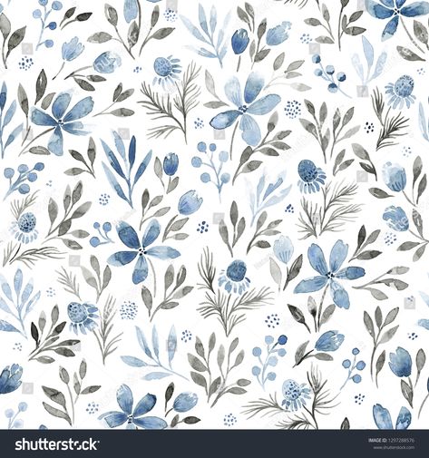 Cute and simple botanical seamless pattern. Watercolor hand painted floral background with leaves, flowers and herbs Royalty free image illustration Blue And Grey Wallpaper, Wallpaper For Cabinets, China Flowers, Wallpaper For Bedroom, Blue Floral Wallpaper, Wallpaper Boho, Draw Flowers, Paper Blue, Pattern Watercolor