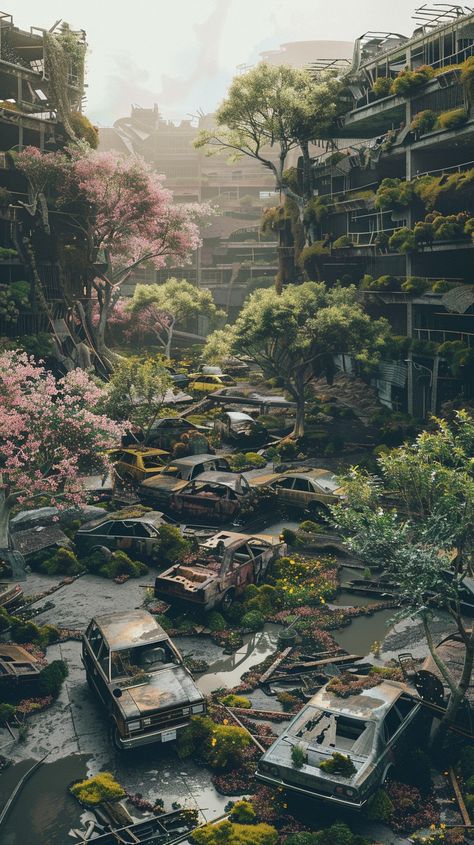 Abandoned Cities Art, Overgrown Cities Aesthetic, Abandoned Cities Aesthetic, City Taken Over By Nature, Nature Taking Over City, Abandoned Overgrown City, Eco Dystopia, City Covered In Plants, City Reclaimed By Nature