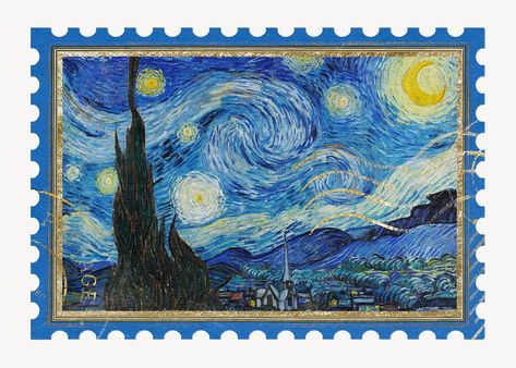 Van Gogh's The Starry Night postage stamp, remixed by rawpixel | premium image by rawpixel.com / Adjima Starry Night Sticker, Gogh The Starry Night, Image Paper, The Starry Night, Paper Moon, Van Gogh Art, Starry Night Van Gogh, Moon Art, Postage Stamp