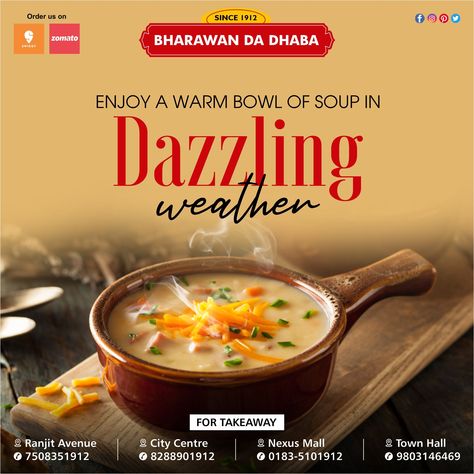 A warm cup of soup is always the best companion to give a comfy feel. For Takeaways, Please Contact On Below Numbers Ranjit Avenue - 7508351912 City Centre - 8288901912 Town Hall - 9803146469 Nexus Mall - 0183-5101912 #bharawandadhaba #multicuisinerestaurant #pureveg #since1912 #worldfamous #breakfast #lunch #dinner #familydining #placestoeat #northindianfood #chinese #snacks #southindian #foodbloggers #foodbloggersindia #amritsarrestaurants #orderonline #instafoodapps Amazing Optical Illusions, Coffee Advertising, Chinese Snacks, Food Videography, Cup Of Soup, Food Template, Food Menu Design, Food Content, Happy Rakshabandhan