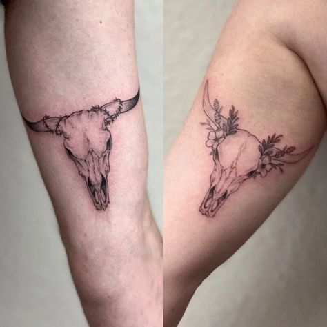 Cattle Skull Tattoo Men, Bull Skull With Feathers, Matching Bull Skull Tattoos, Cowboy Couple Tattoos, Traditional Long Horn Skull Tattoo, Longhorn Chest Tattoo, Western Tattoos For Couples, Steer Skull Tattoo For Women, Bull Tattoo Feminine Taurus