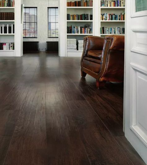 LVP: Luxury Vinyl Plank, Dark Oak Wood, Vinyl Flooring That Looks Like Wood Plank Tile Flooring, Wood Vinyl Flooring, Best Bathroom Flooring, Wood Plank Tile, Vinyl Wood Flooring, Lvp Flooring, Wood Tile Floors, Dark Wood Floors, Luxury Vinyl Plank Flooring