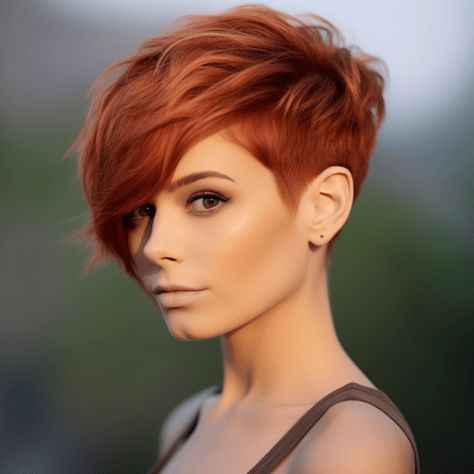 Angled Pixie Haircut, Auburn Hair Short Pixie Haircuts, Pixie Hairstyles Red Hair, Copper Short Hair Pixie Cuts, Auburn Pixie Haircut, Copper Pixie Cut, Red Copper Pixie Hair, Asymmetrical Pixie Edgy, Bright Red Pixie Haircut