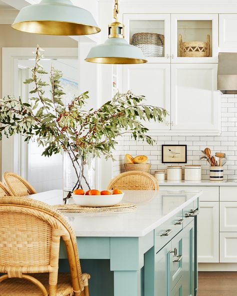 Podcast, Ep. 236: designer Chauncey Boothby - How to Decorate Green Kitchen Island White Cabinets, Kitchen Island White Cabinets, Kitchen Island White, Parisian Bistro Chairs, Light Green Kitchen, Nashville Homes, Green Kitchen Island, New England Homes, Kitchen Design Trends