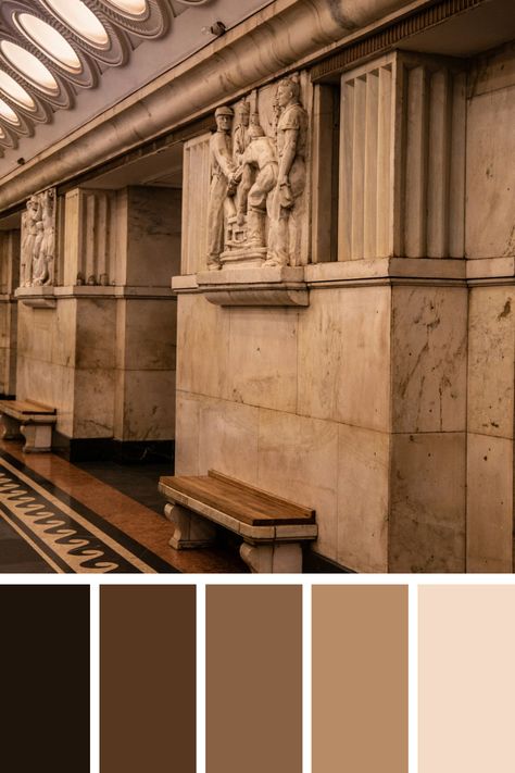 Elegant architectural details of a historic building with carved stone reliefs and benches, highlighted by an earth brown pastel color palette. Classic Paint Palette, Vintage Colour Scheme, Vintage Brown Color Palette, Florence Color Palette, Brown Color Palette Combination, Historical Color Palette, Museum Color Palette, Historic Color Palette, Building Color Palette