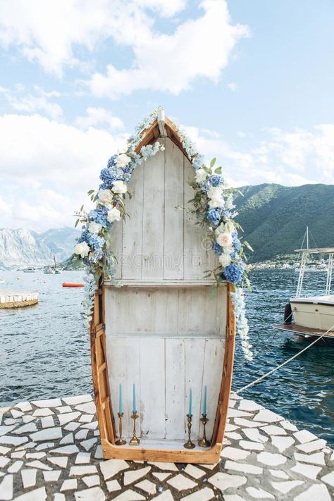 Preparing for the wedding. A wooden boat decorated with flowers as a wedding arc , #AFFILIATE, #wooden, #boat, #Preparing, #wedding, #decorated #ad Floating Mandap, Nautical Backdrop, Wedding Boat, Boat Photoshoot, Pirate Wedding, Boat Wedding, Aesthetic Places, Sea Wedding, Boat Decor