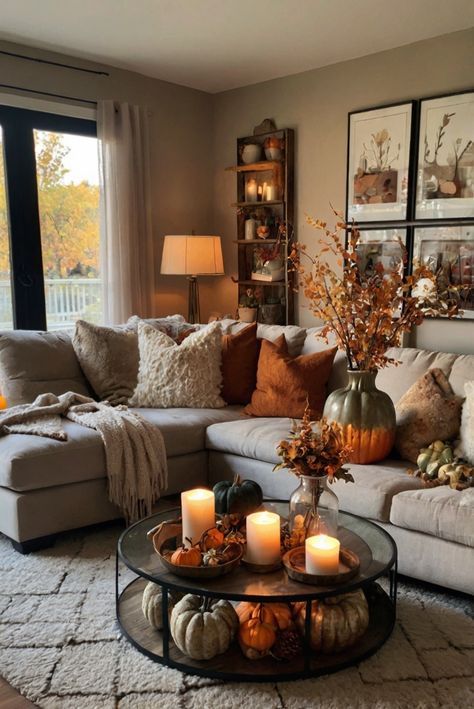 Fall Garland Tv Stand, Cozy Welcoming Home, House Fall Decorations, Apartment Decor Fall, Fall Decor Gray Couch, Fall Laundry Room Decor, House Inspiration Living Room, Front Room Decorating Ideas Cozy, Living Room Fall Decor Ideas Cozy