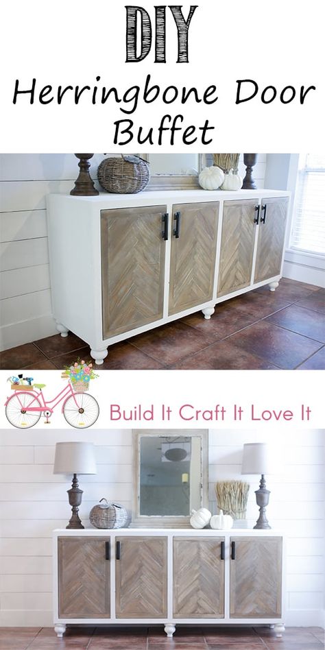 Herringbone Door Buffet – The Inspired Workshop Credenza Building Plans, Diy Cabinet Door Designs, Living Room Storage Diy, Diy Accent Cabinet, Herringbone Door, Diy Buffet Table, Remodeling Furniture, Ideal Farmhouse, Cabinet Upcycle