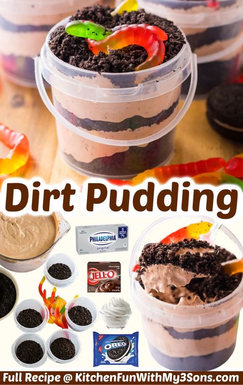 Have you ever eaten the classic dirt dessert with Oreos and gummy worms? This Dirt Pudding Recipe is based on the nostalgic treat we loved as kids. Now you get to make it for your kids to enjoy, too! Dirt Pudding Recipe With Cream Cheese, Dirt Pie Cups, Brownie Dirt Cups, Gummy Worm Dirt Pudding, Dirt Pie Cake, Dirt Pudding With Cream Cheese, Chocolate Dirt Cake Recipe, Dirt Cup Dessert, Dirt Cake Oreo