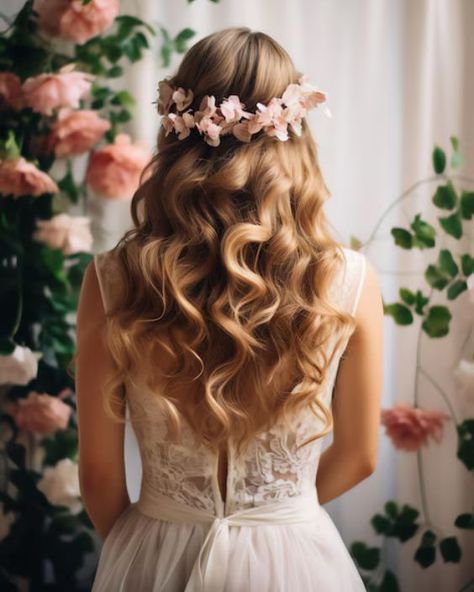 Flowing Waves with Floral Crown Fairy Tale Hairstyles, Fairy Hairstyles, Hairstyles For Weddings, Glitter Roots, Models Outfits, Floral Hair Vine, Vintage Curls, 2 Braids, Mermaid Braid