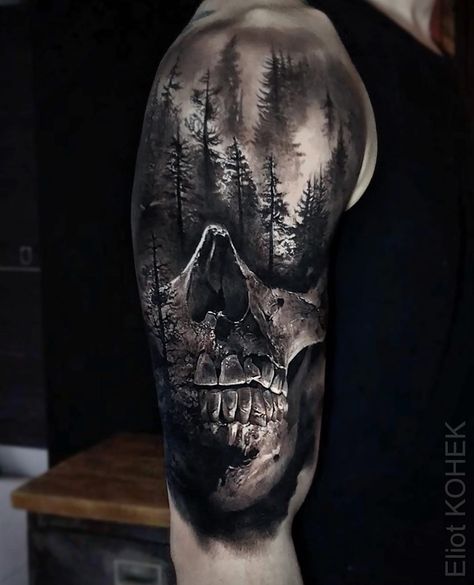 Sublime piece done on guy's shoulder and upper arm, with a realism skull and a dark, scary looking forest above. Scary Tree Tattoo, Forest Tattoo, Skull Sleeve Tattoos, Skull Sleeve, Cool Arm Tattoos, Marvel Tattoos, Scary Tattoos, Landscape Tattoo, Forest Tattoos