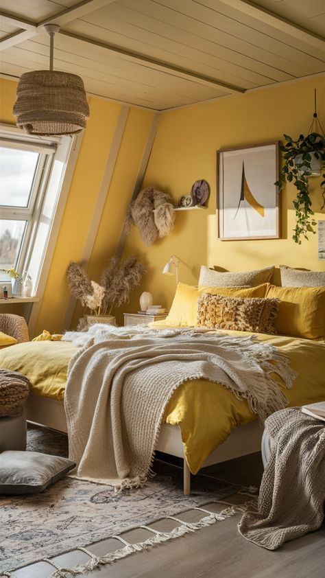 Cozy Yellow Home Bedroom Ideas for Relaxation 9 Yellow Boys Bedroom, Yellow Kids Bedroom, Home Bedroom Ideas, Pale Yellow Walls, Yellow Bedroom Walls, Brown Bedroom Decor, Yellow Accent Walls, Bedroom Yellow, Cozy Textiles