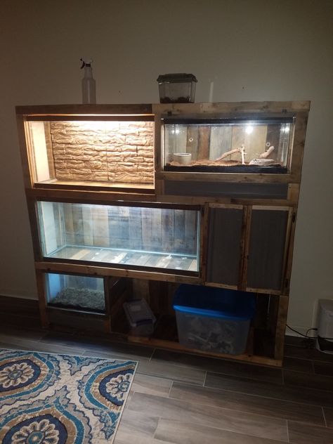 Reclaimed pallet shelf to hold my reptile tanks. Reptile Display Ideas, Reptile Terrarium Ideas Unique, Reptile Tank Stand Diy, Reptile Stand Ideas, Multiple Reptile Tank Setup, Custom Reptile Enclosure, Reptile Tank Stand Ideas, Reptile Shelf, Reptile Room Setup