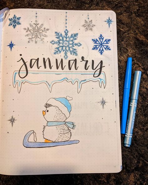 January cover page! Decided on the theme of penguins for this month! Think it was a good choice ☺️🐧💙 Instagram: brandisbulletbook January Themes Ideas, January Bulletin Journal Ideas, January Aesthetic Drawing, January Whiteboard Ideas, January Journal Page, Ways To Write January, January Journal Cover, January Calendar Ideas, January Drawings