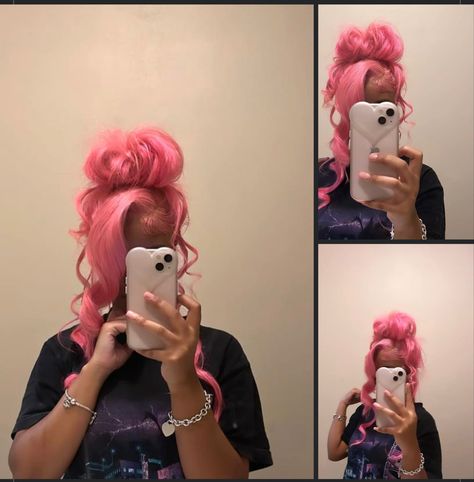 Pink Lace front Wig/ Bun Heart Lace Front Wig, Braid Styles For Lace Front Wigs, Lace Front Wigs Styles Ponytail, Pink Double Frontal Ponytail, Cute Lace Front Hairstyles With Color, Lace Front Bun Black Women, Lace Front Wigs Messy Bun, Messy Bun Lace Front Wig, Pink Hair Half Up Half Down