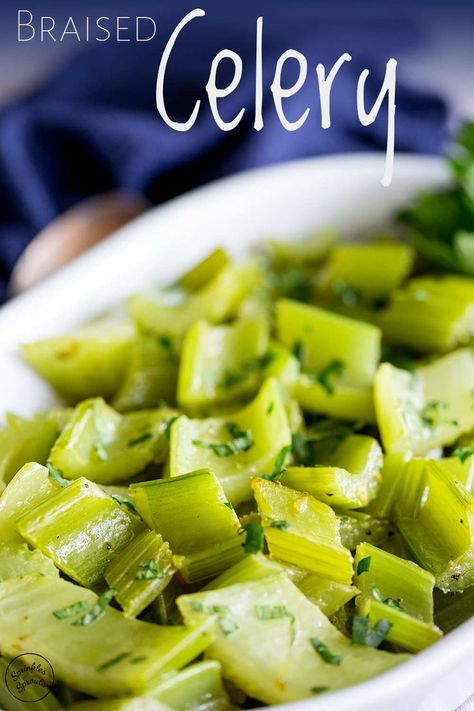 This braised celery really is such a simple side dish. The recipe has just 5 ingredients, including salt and pepper; turning an underused vegetable into a delicious savory side. The celery mellows as it cooks, yielding to a knife but still with enough crunch to keep it interesting. Perfect to pair with meat for a low carb dinner. Or add it to your thanksgiving or holiday table for something a little different! #sidedish #celeryrecipe Recipes Using Celery, Braised Celery, Celery Recipes, Healthy Nutrition Plan, Low Carb Dinner, Holiday Table, Side Dishes Easy, Vegetable Side Dishes, Healthy Nutrition