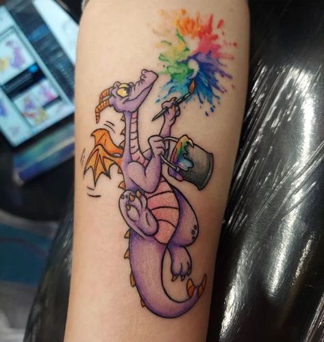 Universal Studios Tattoo Ideas, Disney Themed Tattoos, Disney Color Tattoos, Dragon Tales Tattoo, Disney Knee Tattoo, Disney Atlantis Tattoo, Disney Ride Tattoo, 90s Cartoon Characters Tattoo, Figment Tattoo