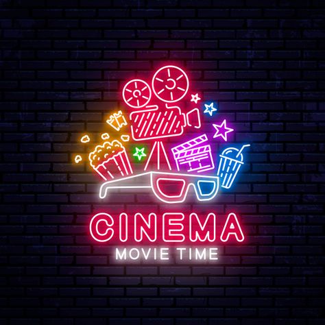 Cinema neon sign Premium Vector | Premium Vector #Freepik #vector #light #ticket #3d #cinema Cinema Neon Sign, Wallpaper Cinema, Cinema Wallpaper, Movie Night Poster, Cinema Sign, 3d Cinema, Cinema Design, 3d Movie, Cinema Art