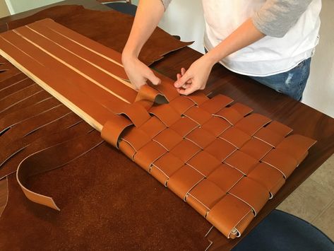 Roundup: DIY Leather Projects — THE GREAT GOODNESS Leather Interior Design, Leather Working Projects, Basement Furniture, Basement Remodel Diy, Brand Name Bags, Diy Leather Projects, Woven Chair, Upholstery Diy, Leather Pouf