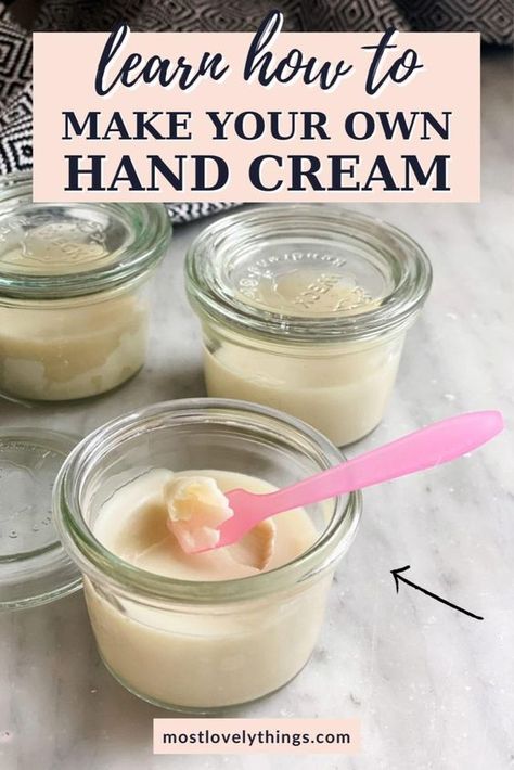 With all the handwashing and hand sanitizing, your hands probably need deep relief and this homemade hand cream really works! To make your own hand cream you'll need shea butter, beeswax, and sweet almond oil, and essential oils, like lavender and lemon. The result is a wonderfully smelling, super soft hand cream that I might feel is a bit too greasy during normal times, but these days…it’s perfect! How To Make Hand Cream At Home, How To Make Hand Cream, Homemade Hand Cream, Hand Cream Recipe, Extremely Dry Hands, Diy Hand Cream, Hand Cream Homemade, Hand Scrub Diy, Best Hand Cream